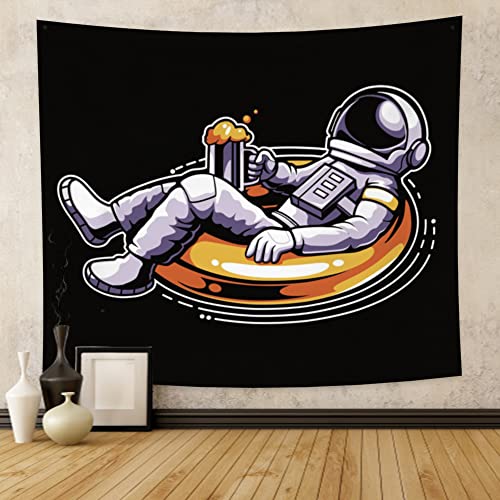 YongFoto 150x130cm Astronaut Wandtapijt, Cool Spaceman Wandtapijten Hand schilderij kosmonaut tekening gele reddingsboei… - Image 4