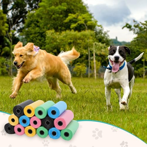 AiQInu 225 Stück Hundekotbeutel, Kotbeutel für Hunde, Bunt Hunde Kotbeutel Rollen, Tragbar Dog Poop Bags, Unparfümiert, Geeignet zum Ausgehen, 22 x 30 cm (15 Rollen, 15 pro Rolle)