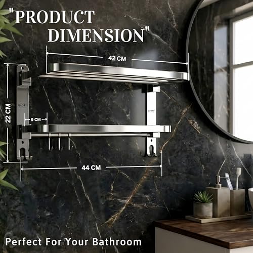 Image of Gloxy Premium 18 Inch Towel Holder in Bathroom - Stainless Steel Towel Rack & Folding Bathroom Hangers for Clothes with Chrome Finish - Wall Mounted Towel Stand with Multipurpose Hooks