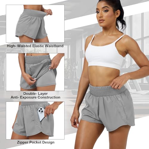 Coume 3 Pack Women's 2 in 1 Running Shorts with Zipper Pockets 2.5" High Waisted Quick Dry Athletic Workout Gym Summer Shorts3