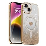 Lafunda iPhone 14 用 ケース キラキラ Magsafe対応 グラデーション ラメ 透明 スマホケース 女の子 かわいい ハート柄 メッキ加工 軽薄型 衝撃吸収 カメラ保護 ワイヤレス充電対応 アイフォン 14用携帯 マグネットカバー ゴールド