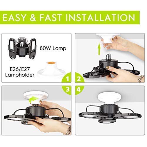 Led Garage Lights, 80W Deformable Garage Ceiling Light 8000lm E26 Basement Lights with 3 Adjustable Led Panels 270° – Fits for Garage, Warehouse, Barn, Workshop and Yard (No Motion Activated) - Thumbnail 6