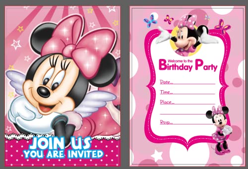 BSNRDX Minnie Invitations 12 Cartes + 12 Enveloppes pour Fêtes d'anniversaire d'enfants Invitation à Une fête d'anniversaire pour Enfant garçons et Filles