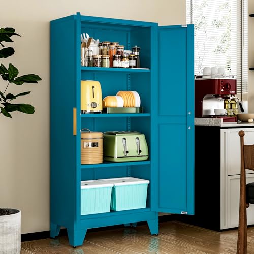 Image of LCAOPC 61 inch Tall Metal Storage Cabinet with 2 Doors and 3 Adjustable Shelves, 4-Tier Kitchen Pantry Storage Cabinet for Kitchen, Living Room, Dining Room and Office, Blue
