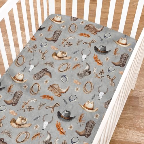 Image of Cowboy Life Baby Crib Sheets for Boy Girl 52 inchx28 inch Retro Cowboy Hats Boots Horse Cow Skull Soft Breathable Crib Mattress Covers Country Western Baby Sheet for Standard Crib and Toddler Bed Mattresses