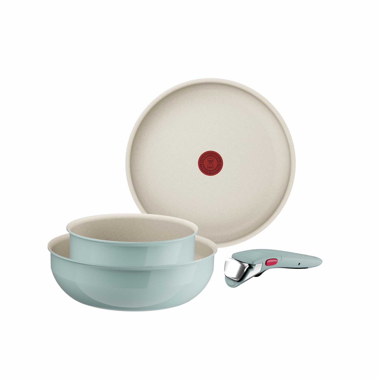 Tefal Ingenio Serenity - Juego de Sartén 28 cm + Wok 26 cm + Cazo 20 cm + Mango extraíble, Revestimiento Antiadherente, Apilable, Inducción, Apto lavavajillas y horno, Eucalipto