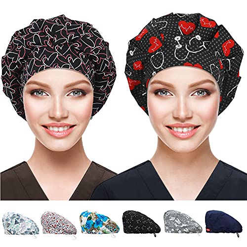 ABAMERICA 2 Pack Bouffant Caps with Button and Sweatband, Adjustable Scrub Caps for Women Men, One Size Multi Color A-42 Single Layer Satin Blk + Blk Single Layer