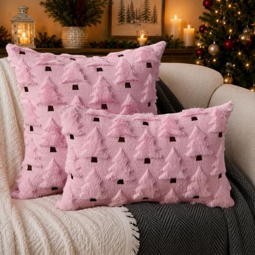 Image of Allorry Christmas Pillow Covers 18x18 inch Set of 2 Pink Christmas Decorations Soft Plush Faux Fur Wool Christmas Tree Throw Pillow Cases Winter Holiday Decor for Sofa Living Room PT002E18