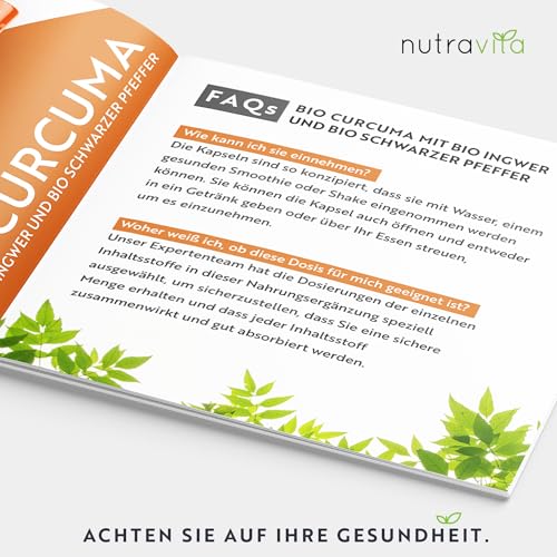 Bio Curcuma Kapseln mit Ingwer - 270 hochdosierte Kurkuma Kapseln - mit Bio Pfeffer (0,8 mg Piperin) - 231 mg reines Curcumin - Laborgeprüft in Deutschland - Vegan - Ohne Magnesiumstearat - Nutravita