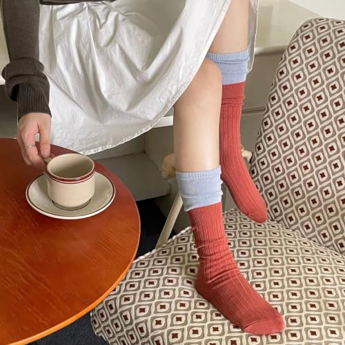 Image of Benefeet Sox Crew Socks for Women Retro Cotton Ribbed Knit Casual Socks Solid Color Athletic Sock