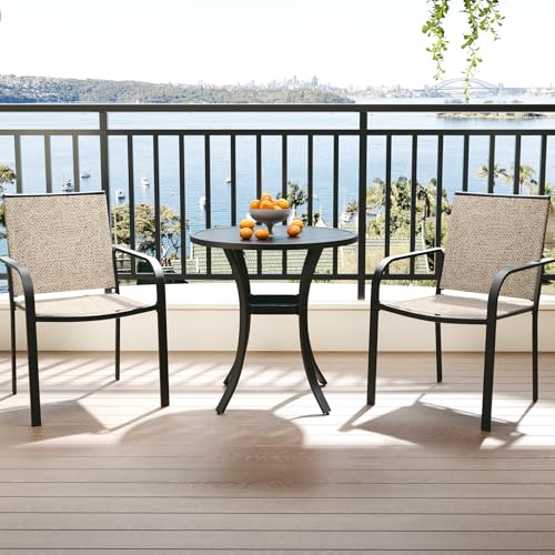 Image of Anmutig 3-Piece Outdoor Dining Set, Small Metal Bistro Table with 2 Stackable Sling Chairs, 27.5 x 27.5 Inch Round Table, White Fabric