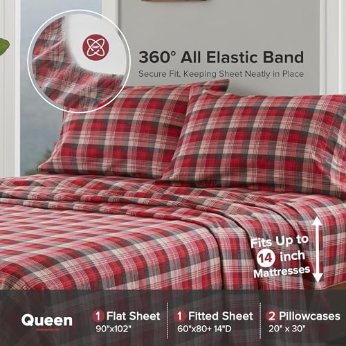 Image of Woolrich Cotton Sheet Set Cottage Charms Print, 100% Cotton Flannel Sheets Warm & Fuzzy Bedding Set Queen Size Sheets, Fitted Pocket Fits Up to 14 inch Mattress, Queen Red Plaid, 4 Piece