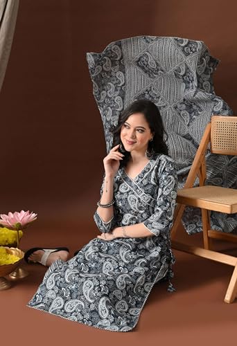 Image of Amazon Brand - Tavasya Women Cotton Anarkali Kurta Pant Dupatta Set | Printed Ethnic Suit Set | Flared Anarkali Kurta with Pant & Dupatta | Festive & Casual Wear