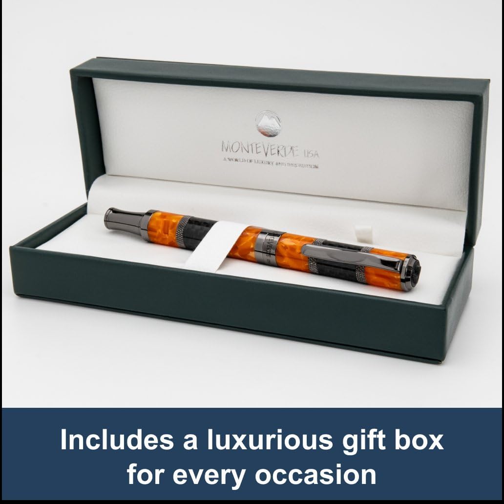 Monteverde USA Regatta Sport Fountain Pen in Orange and Carbon Fiber - Medium Nib, Luxury Refillable Pen with Gunmetal Accents, Premium Gift