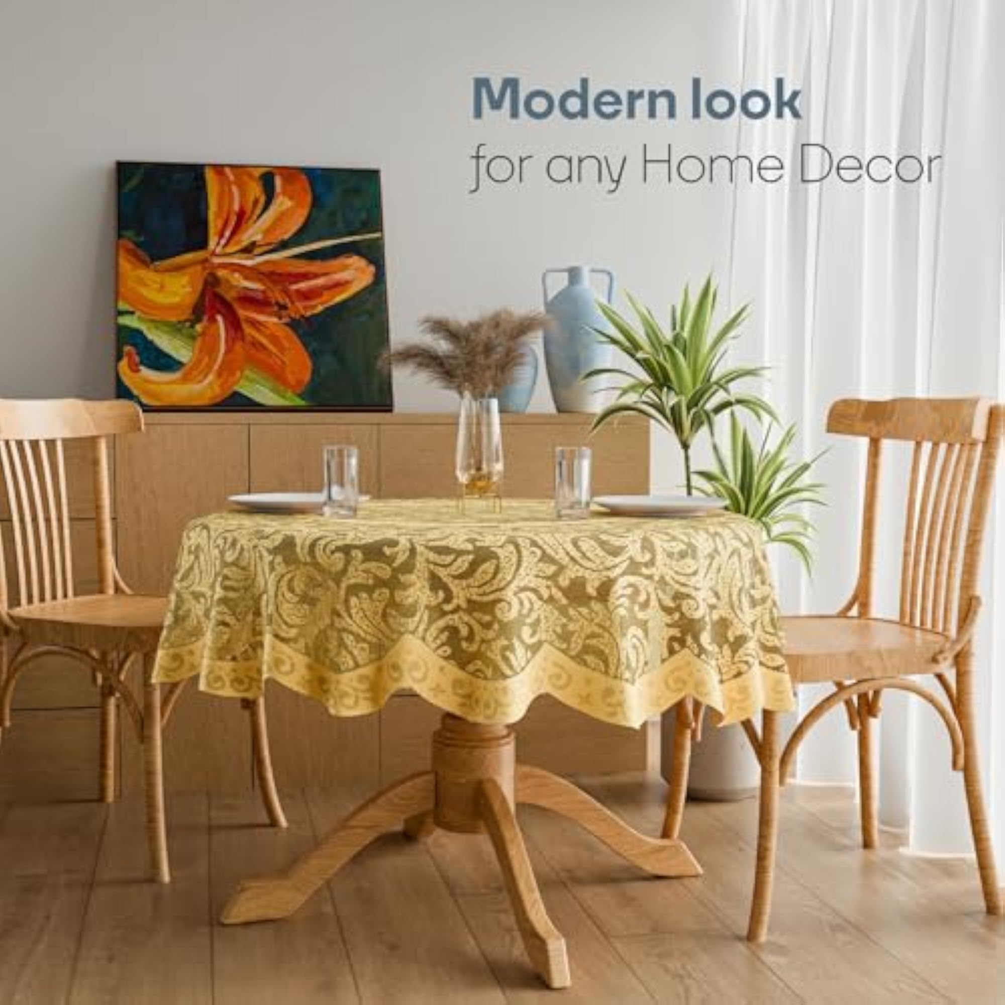 Cotton Net Round 4-Seater Table Cover, Leaf Print, 40x40 Inch