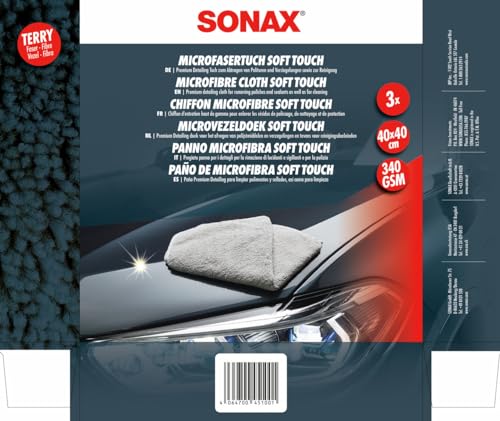 SONAX MicrofaserTuch soft touch (3 Stück) Leistungsfähiges Detailing Tuch für Polituren, Versiegelungen und den gesamten Fahrzeuginnenraum | Art-Nr. 04510000