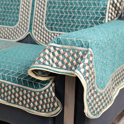 Image of Premium Chenille Woven Anti-Slip 5 Seater Sofa Cover with Armt Rest | L-Shape Sofa Seat Protector for Living Room | Durable & Stylish Slipcover - Turquoise - 3D