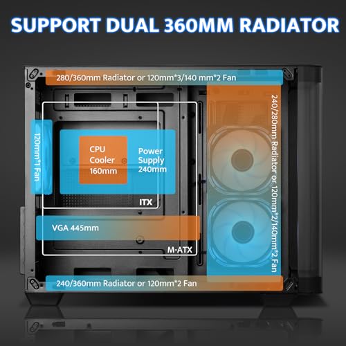 darkflash micro-atx gaming pc case matx pc case with 3 x 120mm argb fans panoramic view dual tempered curve glass computer case usb 30 port supports dual 360mm aio blackdpw90m