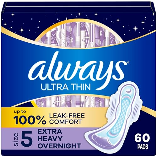 Image of Always Ultra Thin Feminine Pads with Wings for Women, Size 5, Extra Heavy Overnight Absorbency, Unscented, Up to 100% Leak-Free Comfort, 60 Count