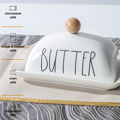 Farmhouse Decorative Kitchen Countertop Porcelain Butter & Cream Cheese Dish with Lid,Butter Keeper with Cover for East West Coast Butter,White - Image 6