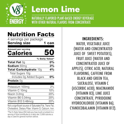 Image of V8 +Energy Sparkling Lemon Lime Juice Energy Drink, 11.5 fl oz Can (4 Pack)