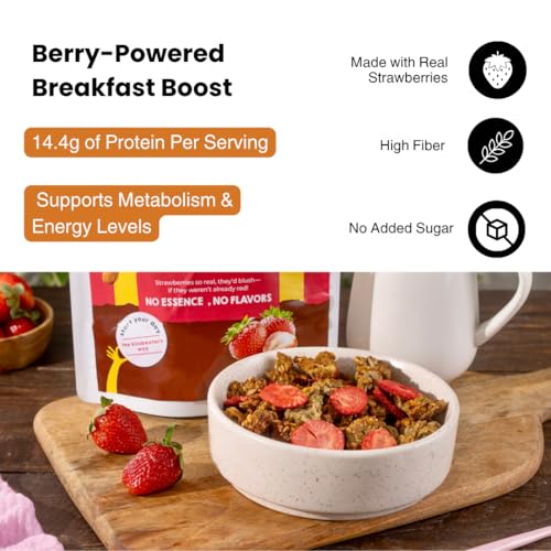 Image of Kilobeaters Clusters Muesli 400gm(Strawberry, Pack of 1) | 14.4g Protein Per Serve | Low Carb Breakfast Cereal for Nutrition | Whey isolate, Nuts & Seeds | 0%Added Sugar | Healthy Breakfast for Adults