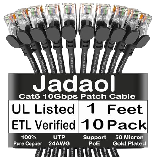 Image of Jadaol Cat6 1ft 10 Pack Patch Cable, 10Gbps High-Speed Ethernet, Support Cat8 /7 Network, 24AWG Pure Copper, RJ45 Gold-Plated Connectors, LAN Network Cable for Patch Panel to Switch, Black