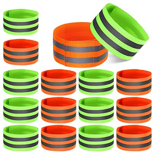 16 Pieces Reflective Bands Reflector Bands for Wrist, Arm, Ankle, Leg, High Visibility Reflective Gear Safety Reflector Tape Straps for Night Walking, Cycling and Running (Green, Orange)