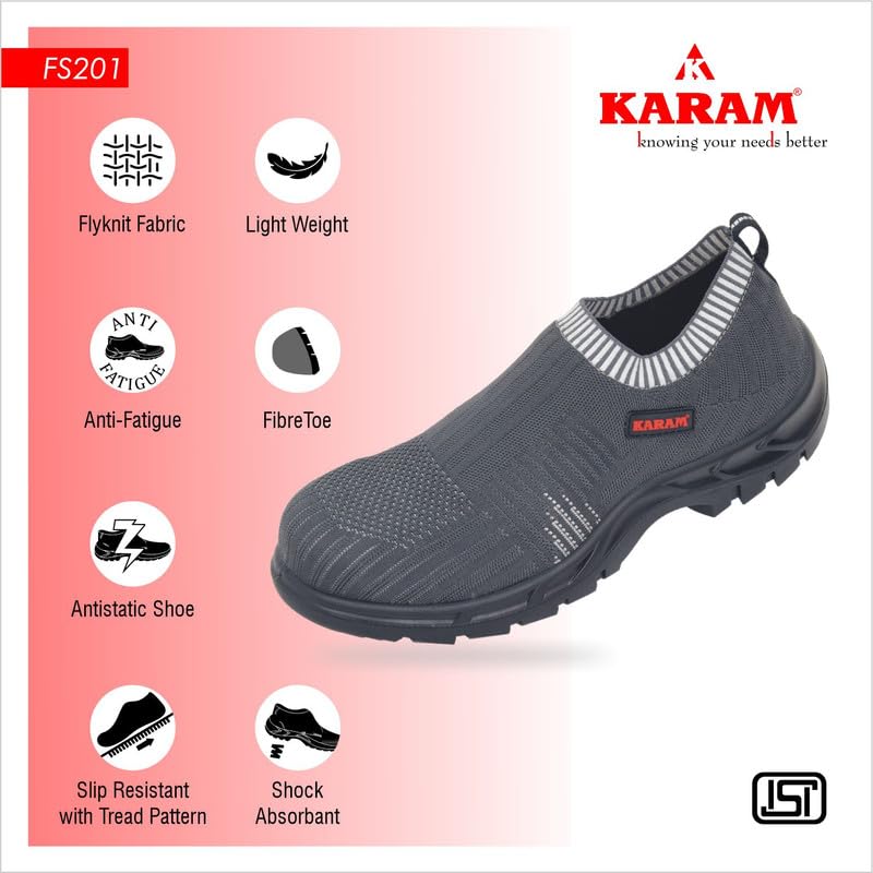 KARAM ISI Marked Flyknit Safety Shoe Slip On | Excellent Grip, Comfort and Slip Resistance | Safety Shoes with Fibre Toe |Grey| FS201FN (FWSAMN) 08