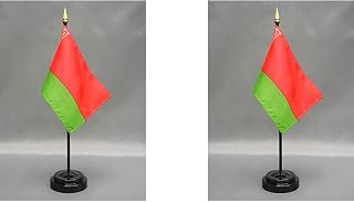 2 Belarus Desk Flag Set of Miniature Office Little Hand Waving Flags Includes 2 Stands and 2 Small Mini Country International Stick Flags (Belarus)