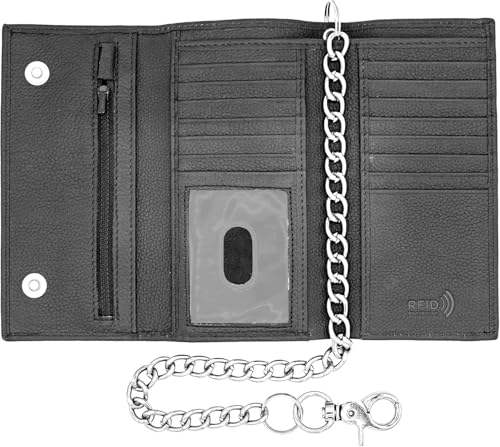 Long Trifold Chain Wallet for Men Geniune Leather Checkbook Cover, RFID Blocking chain wallet Card Slots, Zipper Coin Pocket - Biker Stainless Chain Design in the U.S.A J212C Black