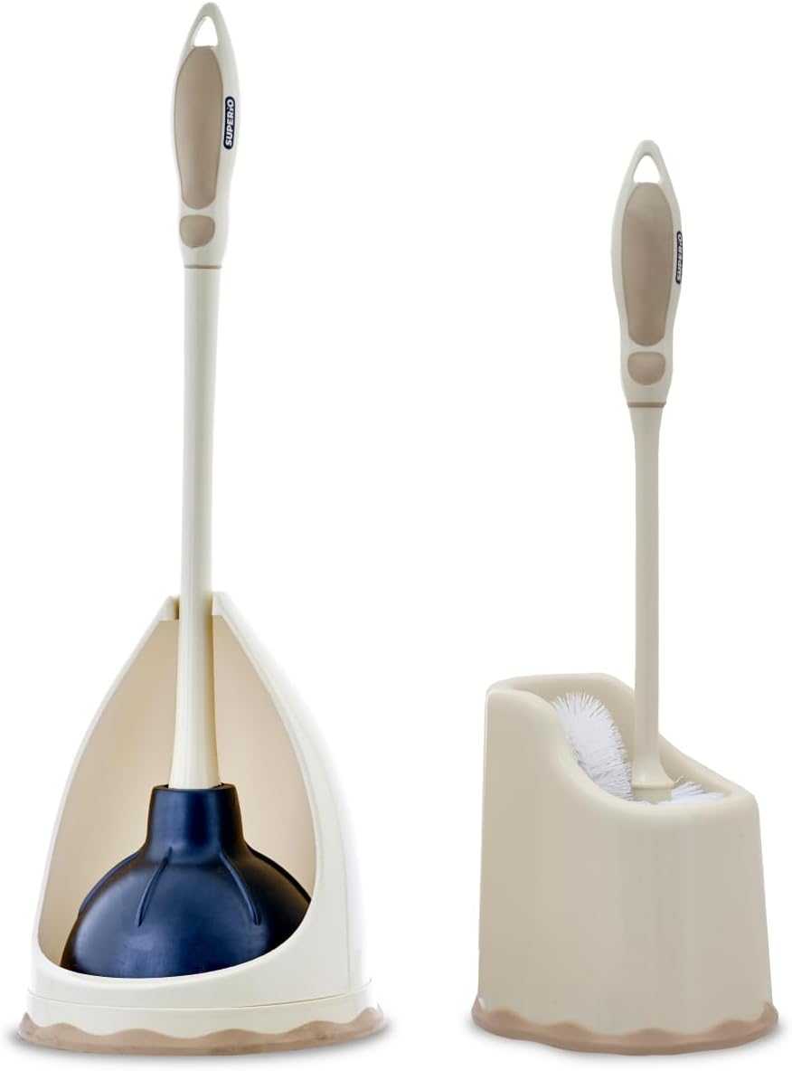 Superio Toilet Brush with Lip and Plunger Set Bathroom Bowl Brush with Pan and Plunger (Beige)
