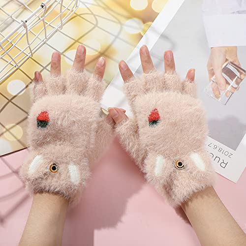 Women Winter Cute & Soft Cozy Half-finger flip Gloves -Beige - Image 5 thumbnail