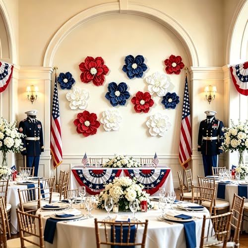 Image of Red Blue White Paper Flowers Artificial 3D Wall Decor Aamerican 250th Anniversary Decorations Wedding Birthday Bridal Baby Shower 4th of July Burgundy Nursery Room Backdrop Centerpieces Party
