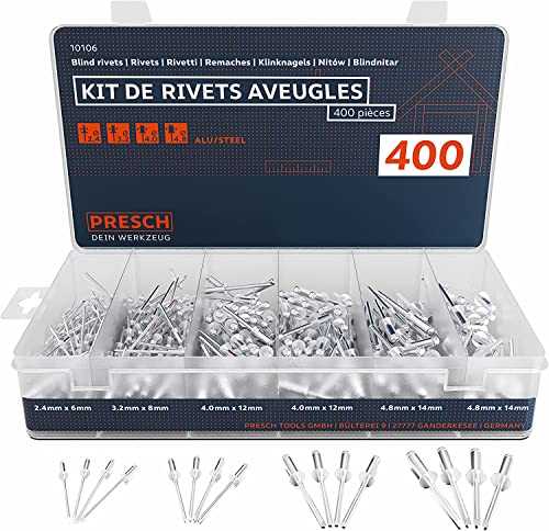 Presch Kit de Rivets aveugles 400 pièces - Jeu complet de rivet pop aluminium/acier de tailles 2,4mm, 3,2mm, 4,0mm et 4,8mm - Lot de rivets aveugles longs