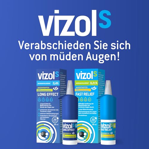 Vizol S 0,4% Long Effect Augentropfen bei starken Symptomen trockener und gereizter Augen, beruhigende Pflege in der stärksten Konzentration von 0,4% Natriumhyaluronat