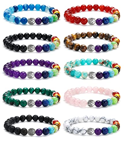 BOMAIL 10Pcs Tree of Life Healing Crystals Bracelet - 7 Chakra Semi Precious Stones Beaded Bracelets Yoga Stress Relief Reiki Stretch Bracelets for Women Men