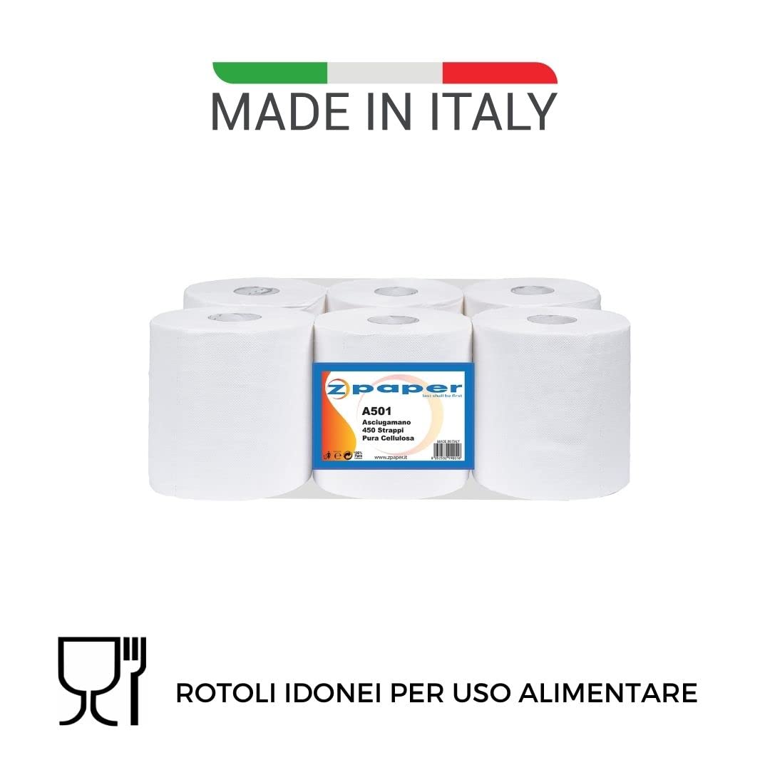 ZPAPER - 6 Rotoli Asciugamani - Carta Pura Cellulosa 450 Strappi a Rotolo, 2 Veli, Anima a Spirale, Confezionati. Rotoli Bobine Asciugatutto. 2700 Strappi Totali