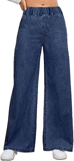 ADBUCKS Women's Stretch Denim Wide Leg Jeans Comfort Fit with Elastic Waistband, Straight Cut, Casual Style for All Season...