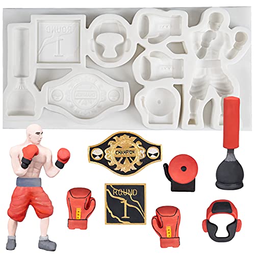 Boxen Silikonform, Boxer, Boxhandschuhe, Kopfschutz, Boxsack, Champion Gürtel, Schild für Runde 1, Glocke Epoxidharz Form zum Tortendeko, Schmuck, Schokolade, 8 Muster, Fertighöhe:1.5-6.2cm, 1teilig