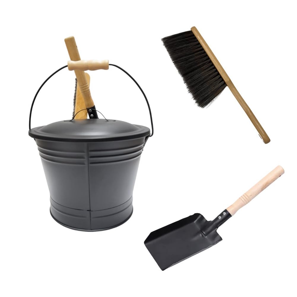 Littimoon for Fireplace Metal Bucket with Lid, Shovel and Broom, Ash Bucket with Lid, Charcoal Bucket and Ash Can for Fireplace