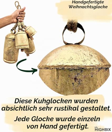 HIGHBIX Set mit 3 riesigen Harmonie-Kuhglocken, riesiger Vintage-Stil, handgefertigt, rustikal, zum Aufhängen an Weihnachten… – Ansicht 4