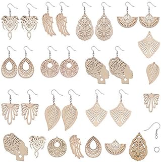 SUNNYCLUE DIY 10 Pairs Bohemian Wooden Filigree Earrings Making Starter Kit Unpainted Heart Fan Wing Wood Pendants Jewellery Making Accessory Supplies for Women Beginners