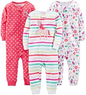 Simple Joys by Carter's Baby Girls' Snug-Fit Footless Cotton Pajamas, Pack of 3, Red/Pink/White, Rainbow/Strawberry/Unicorn, 12 Months