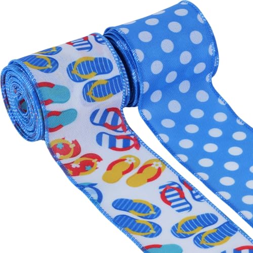 YKW 2 Rolls Summer Flip Flop Burlap Ribbon - 2.5 x 5 Yards Each Blue Polka Dots & Bright Flip Flops Durable Wired Edge Ideal for DIY Crafts Party Decor Gift Wrapping Weddings