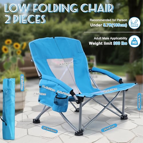 Image of HaSteeL Low Beach Chairs for Adults, Lightweight Camping Folding Chair with Carrying Bag, Portable for Outdoors Lawn Backyard Patio RV Trip Fishing Sport Tailgating, Support 300LBS, Blue, 2 Pack