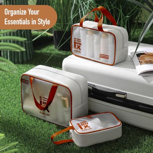 Image of KUKLAR 3 Piece Clear Toiletry Bag Set TSA Approved Cosmetic Makeup Bags with Handles Waterproof Travel Organizer Pouches for Carry-on Bag for Women & Men (Brown)