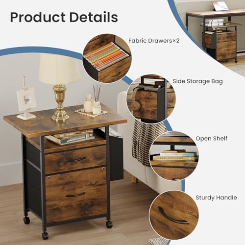 Image of Simple Deluxe 2 Drawer File Cabinet with 24 inch Extended Desktop, Mobile Filing Cabinet, Rolling File Cabinet with Side Bag, Fabric Drawer, Fits A4 /Letter Size, Printer Stand Home Office, Brown