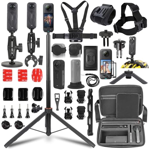 PellKing Accessories Kit for Insta360 X5 Included Carrying Case with Belt 135cm Selfie Stick Tripod Aluminium Handlebar Clamp.2 Pcs Metal 1/4 Adapter Magnetic Mount 4 Pcs Body Strap Mount and Other