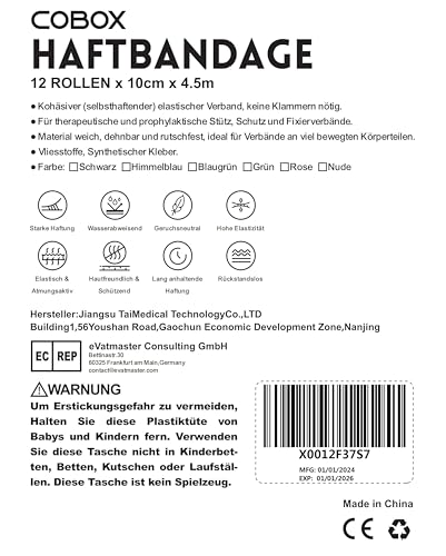 Haftbandage – 12 Rollen x 10 cm x 4,5 m, Erste Hilfe, Sport, Bandagen, COBOX Tierarztverband selbstklebende Bandagen, Nude